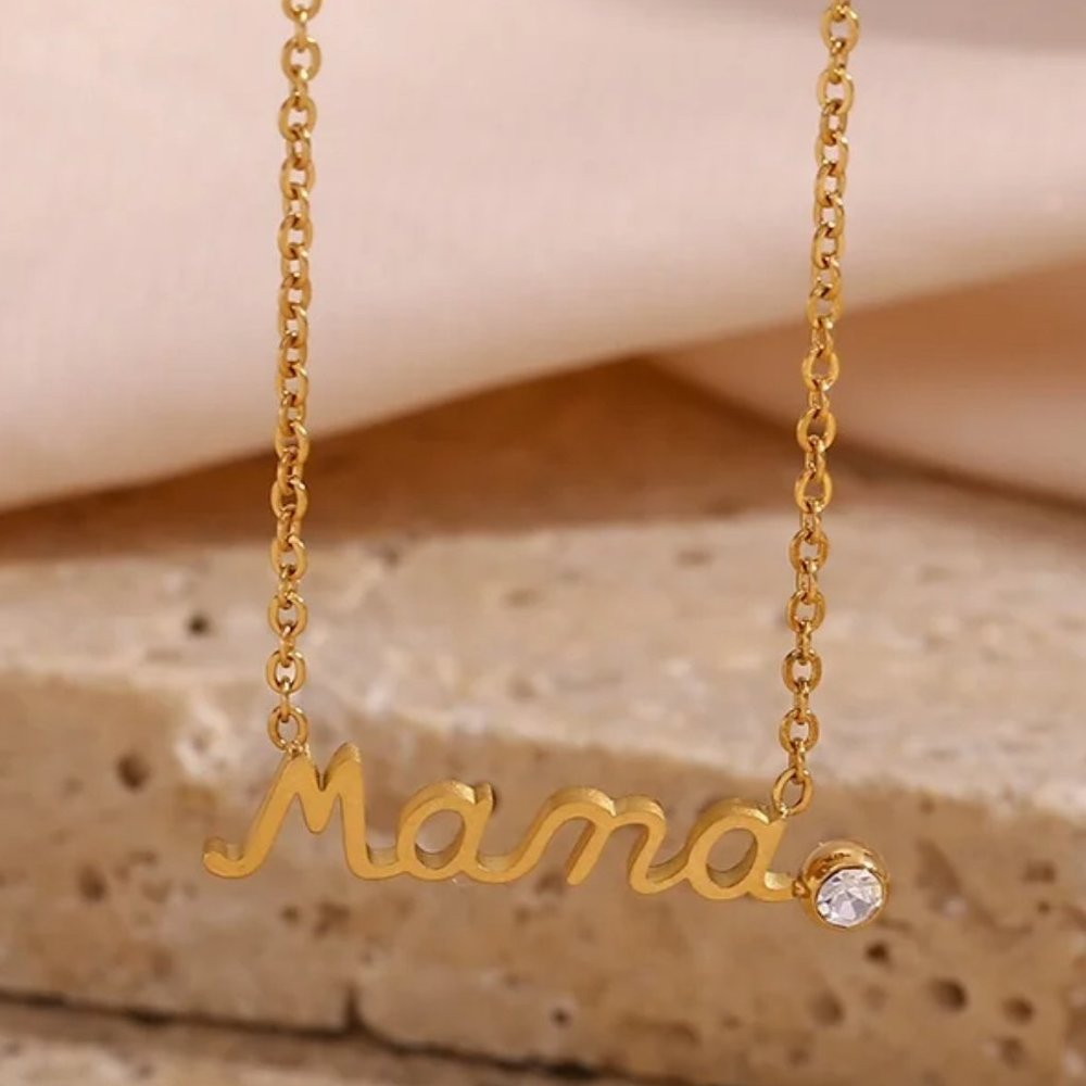 Mama Pendant Necklace Zircon 18K Gold Plated Stainless Steel - Picture 6 of 7